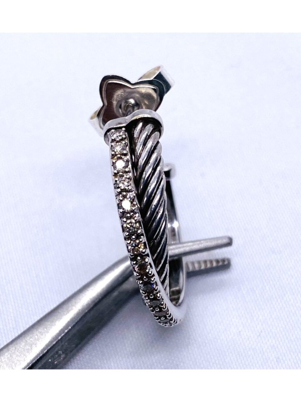 David Yurman Sterling Silver 925 14k 585 Single Crossover Diamond Hoop